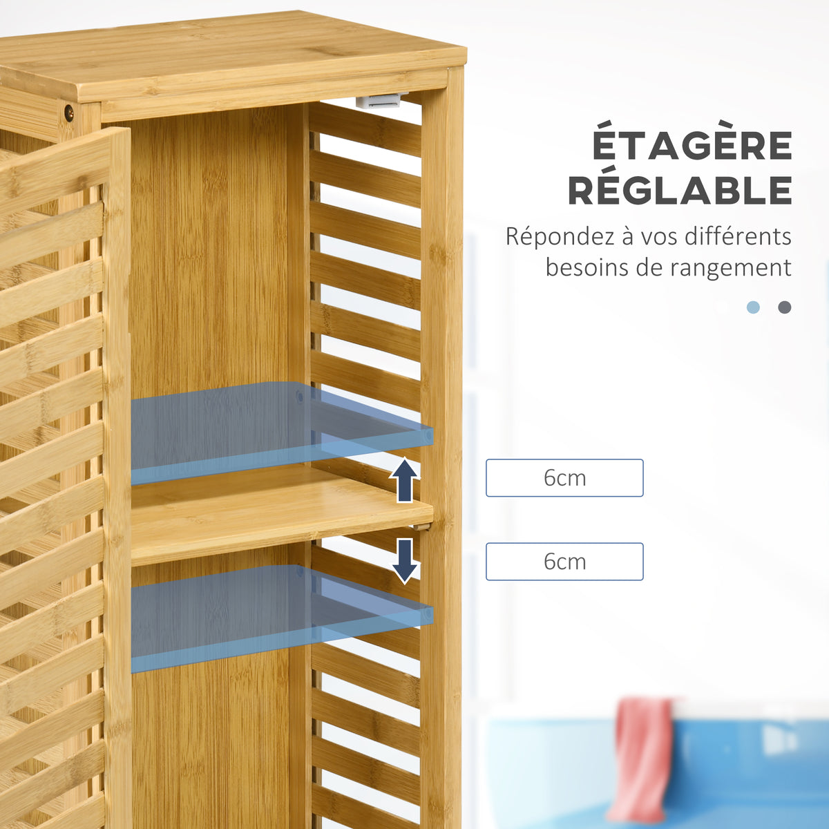Armoire de salle de bain en bambou 1 étagère réglable design naturel 30 x 19,9 x 70 cm naturel