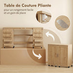 Table de couture pliante, meuble couture à roulettes, 2 portes magnétiques, 4 bacs, 20 crochets, 160x40x83cm, chêne
