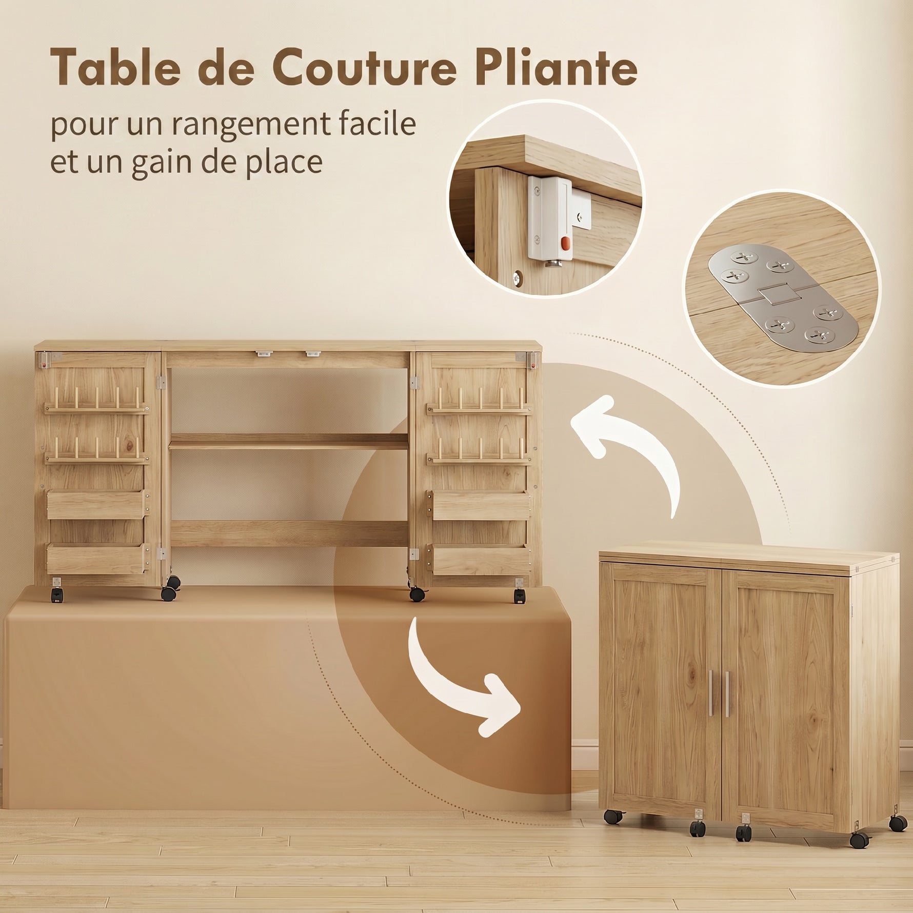 Table de couture pliante, meuble couture à roulettes, 2 portes magnétiques, 4 bacs, 20 crochets, 160x40x83cm, chêne