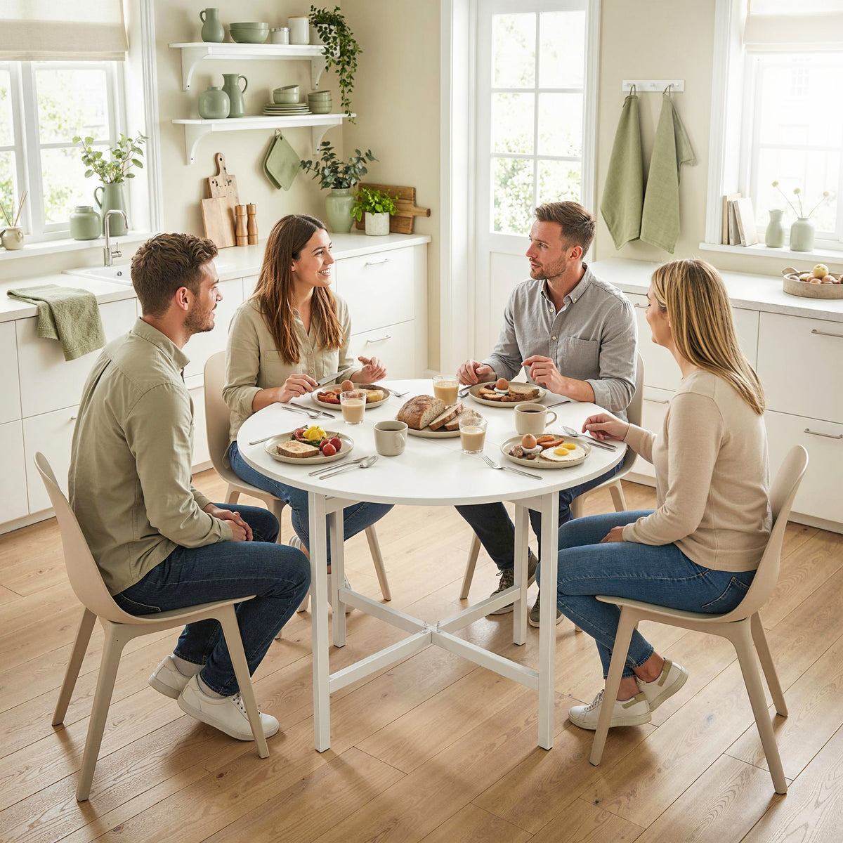 Tavolo da pranzo pieghevole, tavolo da cucina rotondo Ø 80 cm per 4 persone con 2 ribalte, gambe in acciaio, bianco