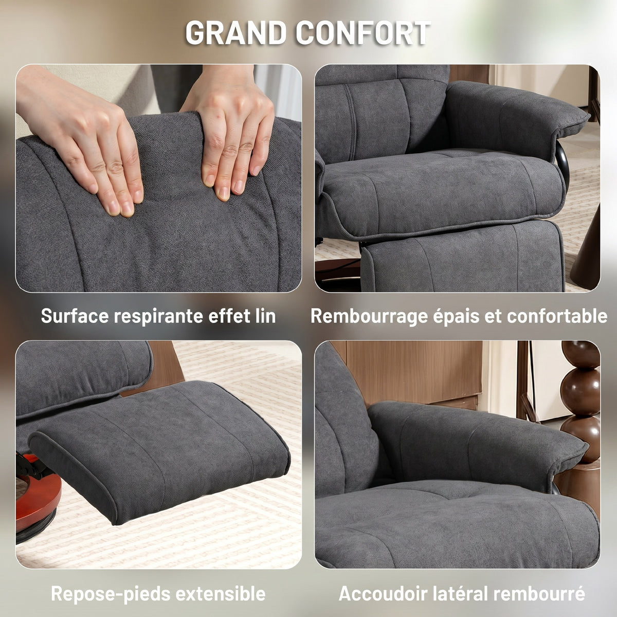 Fauteuil relax inclinable repose-pieds réglable pivotant 360° piètement bois tissu aspect lin gris
