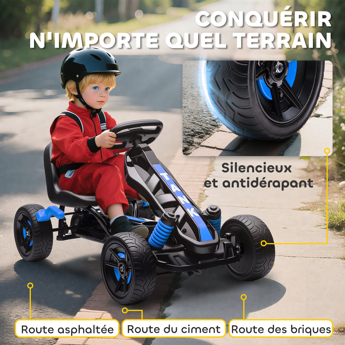 Kart à pédales pour enfants, karting enfant 3 à 6 ans avec roue libre, frein, roues EVA antidérapantes, bleu