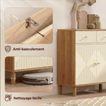 Buffet, meuble de rangement cannelé avec plateau effet chêne, 2 tiroirs, 2 portes, étagère réglable, 77x30x80cm, crème