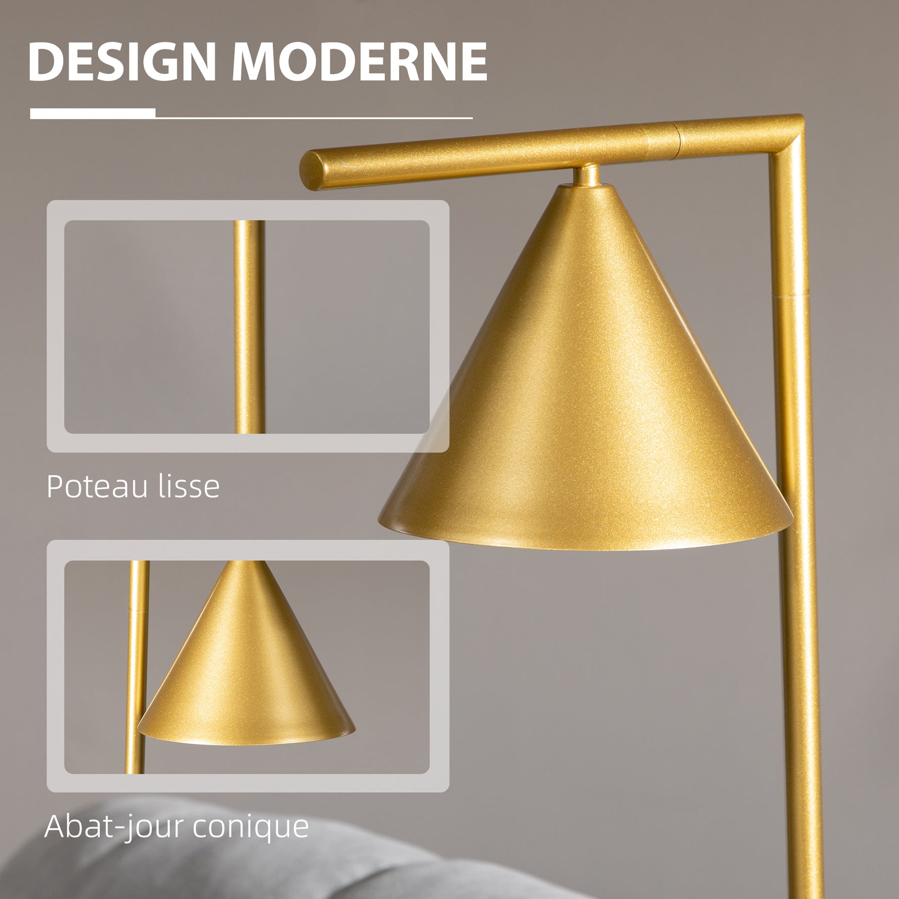 Lampadaire sur pied salon en acier avec abat-jour conique orientable base marbre 40W 35 x 26 x 153 cm doré