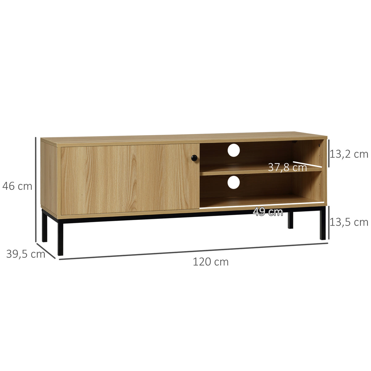 Meuble TV max. 50 pouces 3 compartiments 2 passe-câbles avec porte coulissante - dim. 120L x 39,5l x 46H cm