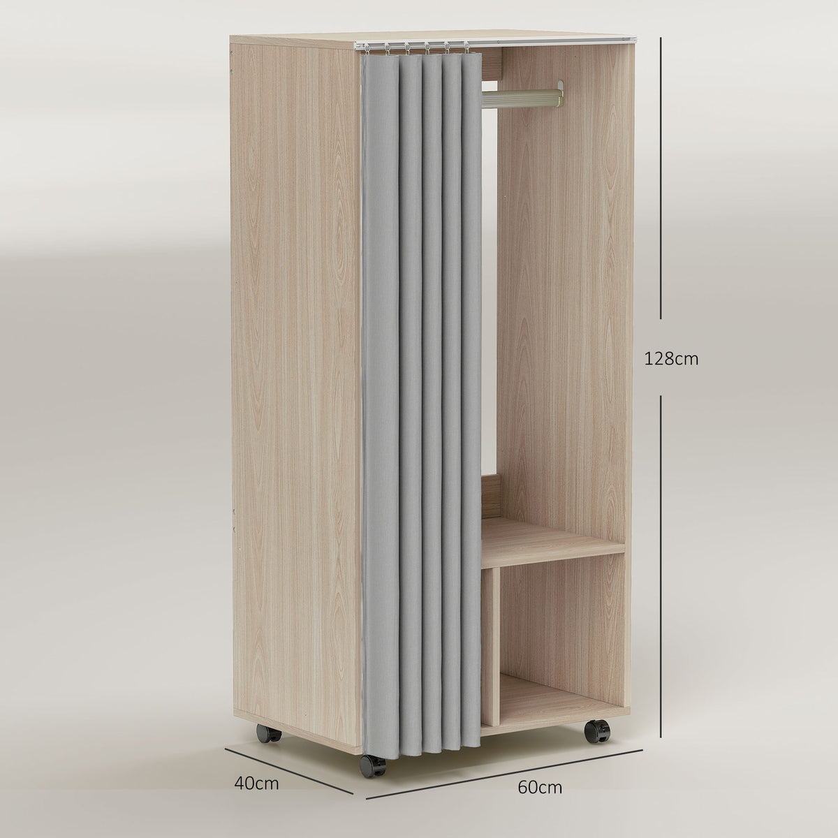 Mobile wardrobe storage cabinet with curtain, hanging rod, 60 x 40 x 128 cm, natural wood effect