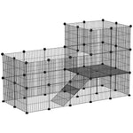 Dierenren voor kleine dieren, modulaire konijnenkooi met 2 niveaus, 39 panelen met helling, staal, 140 x 70 x 105 cm, zwart