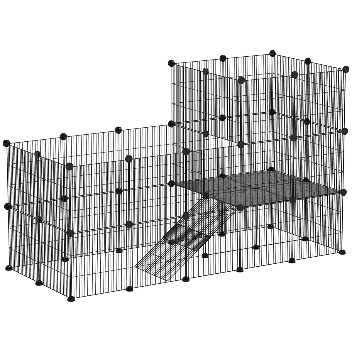 Dierenren voor kleine dieren, modulaire konijnenkooi met 2 niveaus, 39 panelen met helling, staal, 140 x 70 x 105 cm, zwart