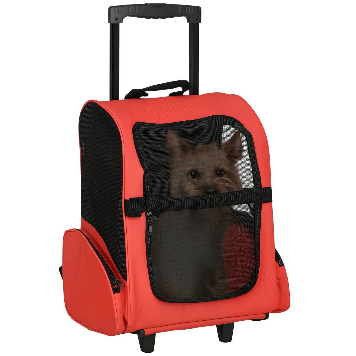 Sac de transport à roulettes pour chien 2 en 1 trolley chariot sac à dos pour chien chat avec poignée téléscopique, sacs de rangement, aérations, attache de sécurité, 42 x 25 x 55 cm, rouge