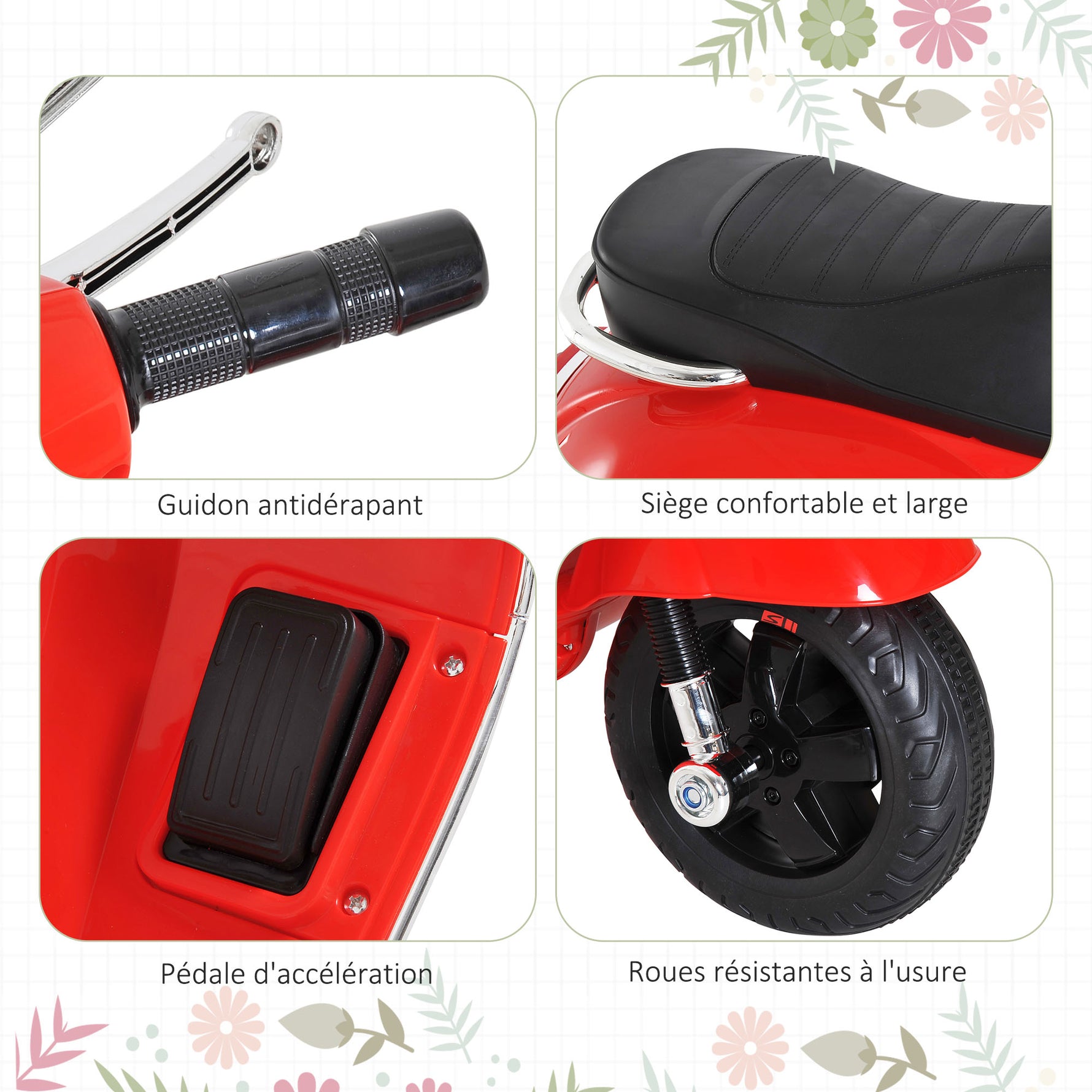 Vespa Scooter Moto électrique Enfants 6 V dim. 102L x 51l x 76H cm Musique MP3 Port USB klaxon Phare feu AR Rouge