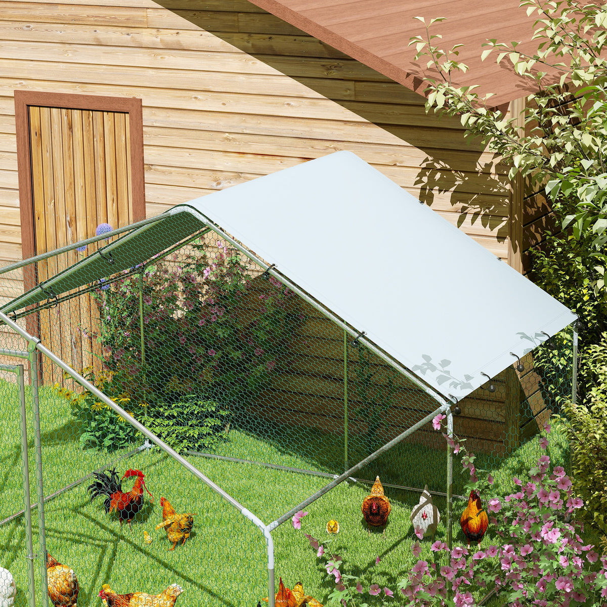 Poulailler, grand poulailler en métal avec couverture imperméable et anti-UV, cage pour 10-15 poules, 3 x 3,4 x 1,9m