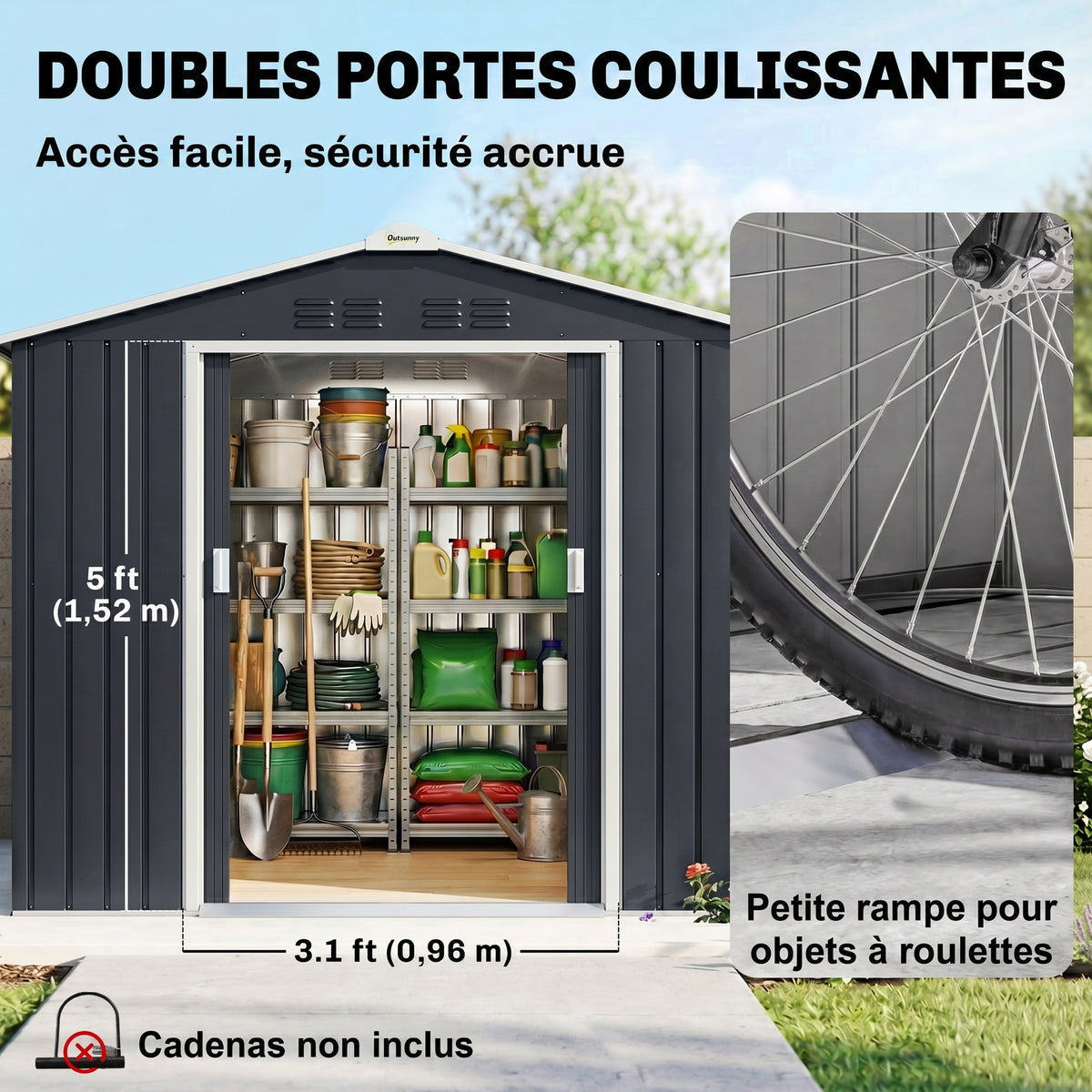 Abri de jardin en métal 2,42 m² cabane de jardin 213 x 130 x 185 cm avec fondation, porte coulissante gris foncé