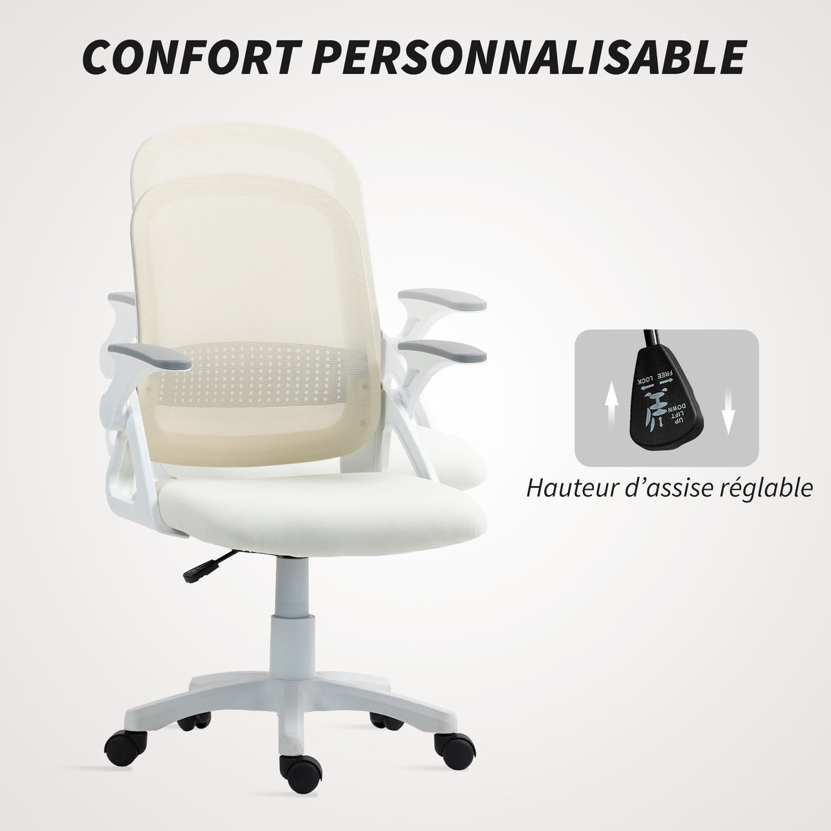 Chaise bureau ergonomique, fauteuil de bureau en maille avec accoudoirs relevables, hauteur réglable, blanc