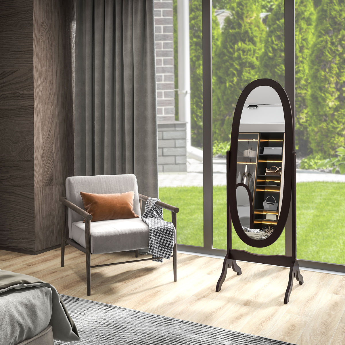 Miroir à pied ovale style shabby chic inclinaison réglable 48 x 46 x 147 cm mdf café