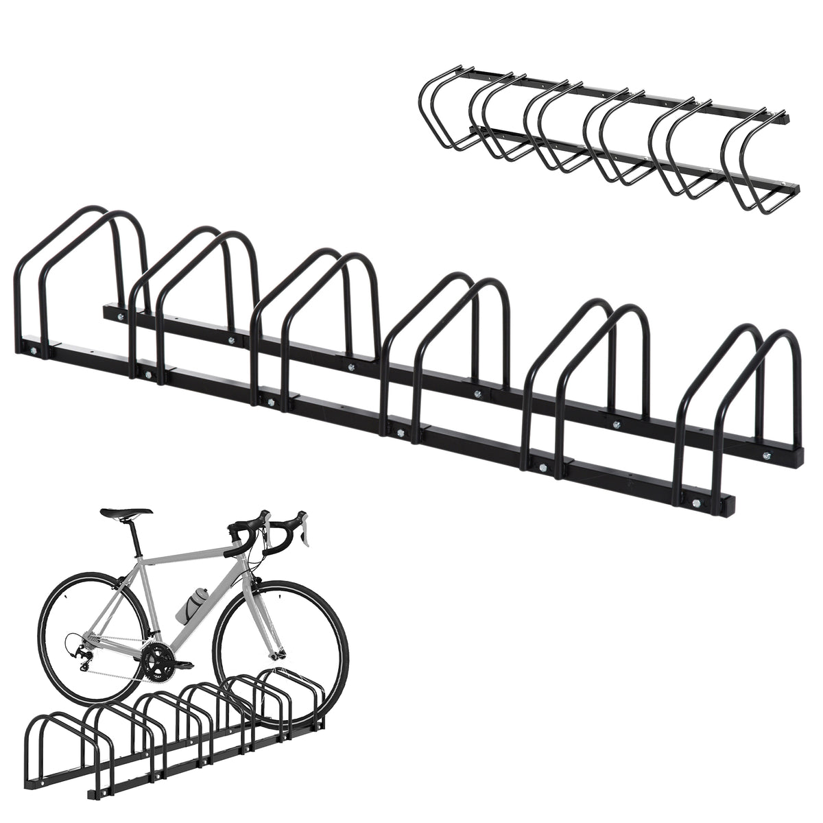 Râtelier 6 vélos range-vélos support de rangement pneu 65 mm sol ou mural pour VTT enfants BMX 179 x 33 x 27 cm acier noir