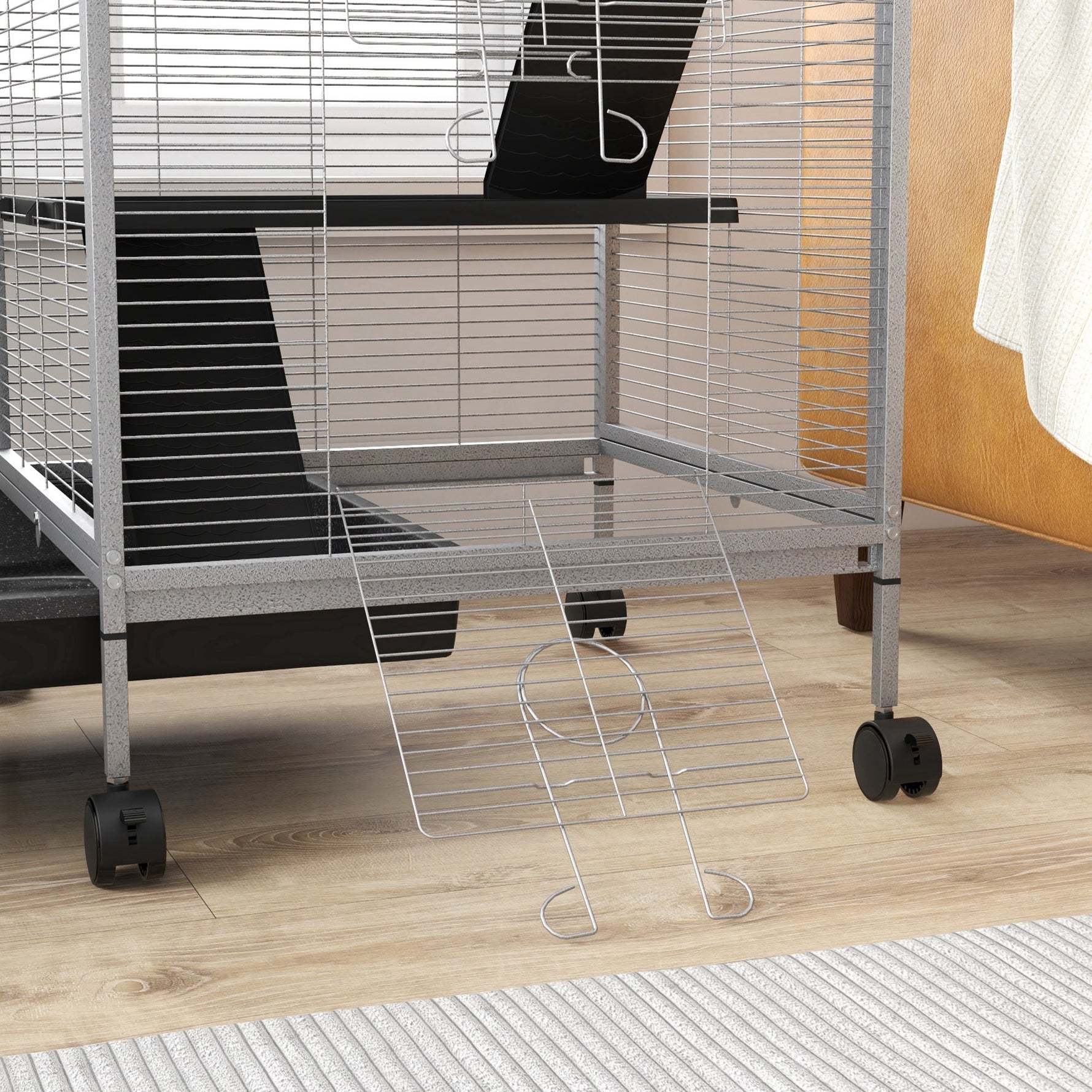 Cage pour Petits Animaux Portable à 4 Niveaux avec Roulettes, 2 Portes, 3 Rampes, Hamac et Plateau Amovible