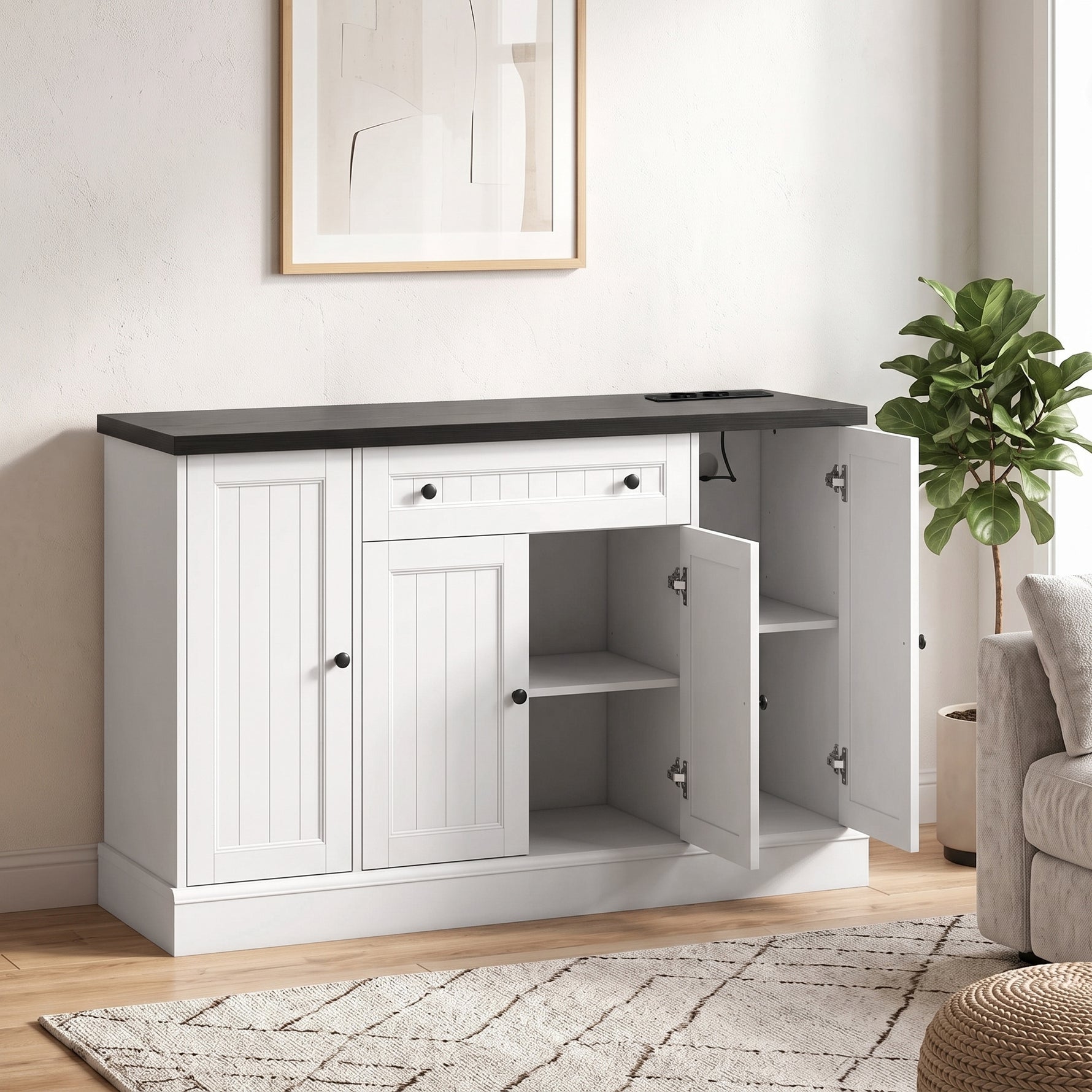 Buffet Salon avec Station de Charge, Meuble de Rangement avec 4 Portes, Tiroir, Étagères Réglables, Blanc et Noir