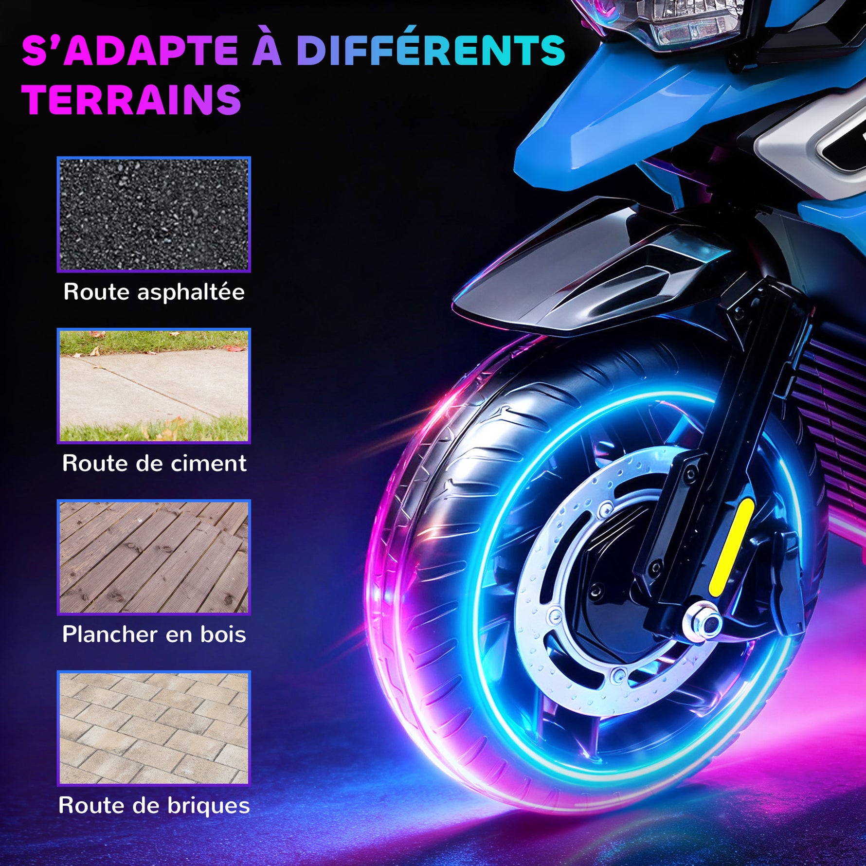 Moto électrique enfants 6 V, voiture électrique enfants avec roues d'entraînement, musique, effets lumineux, bleu