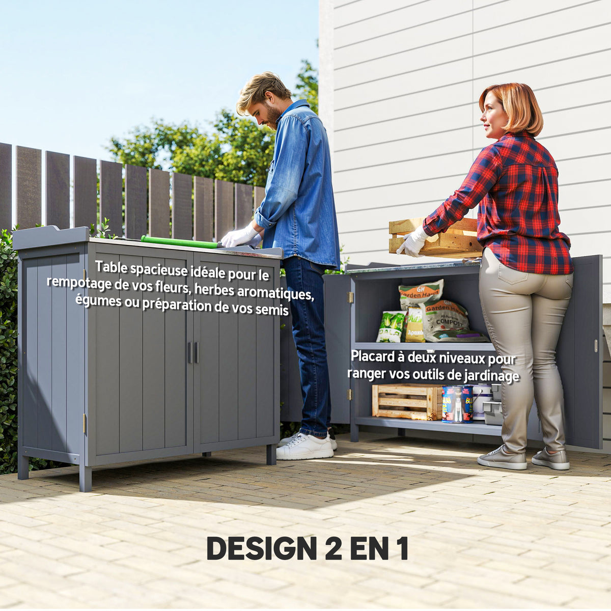 Armoire de rangement de jardin sur pied, table de rempotage 2 en 1 double porte, étagère, plateau métal galvanisé - gris