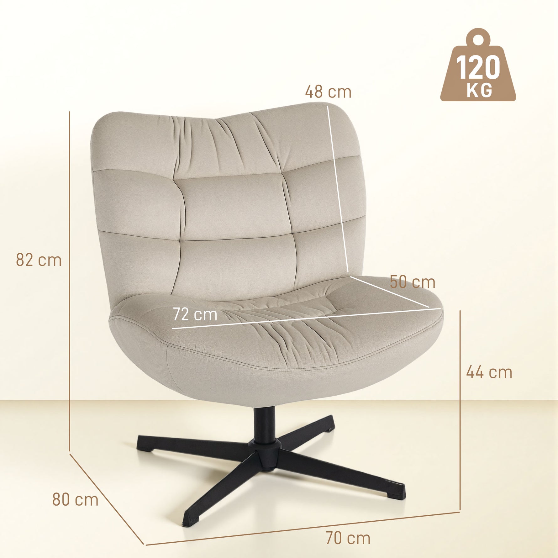 Fauteuil de salon pivotant, chaise rembourrée en chenille sans accoudoirs, assise et dossier larges, 70x80x82cm, crème
