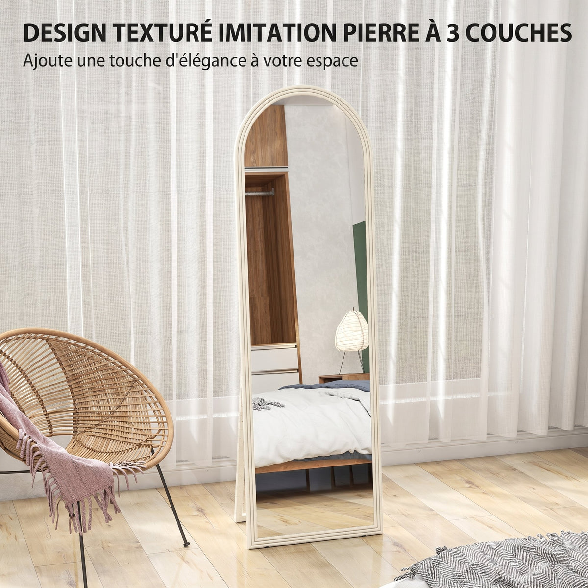 Miroir de sol arqué pleine longueur miroir sur pied cadre en effet imitation pierre pour salon chambre 50 x 160 cm blanc