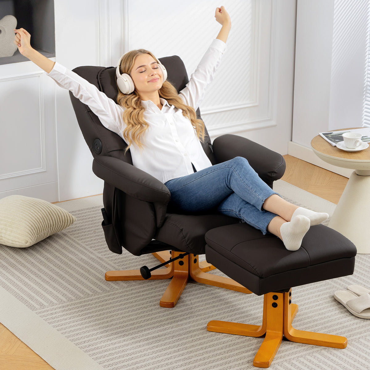 Sillón de masaje con reposapiés, respaldo reclinable hasta 135°, compartimento de almacenamiento, mando a distancia