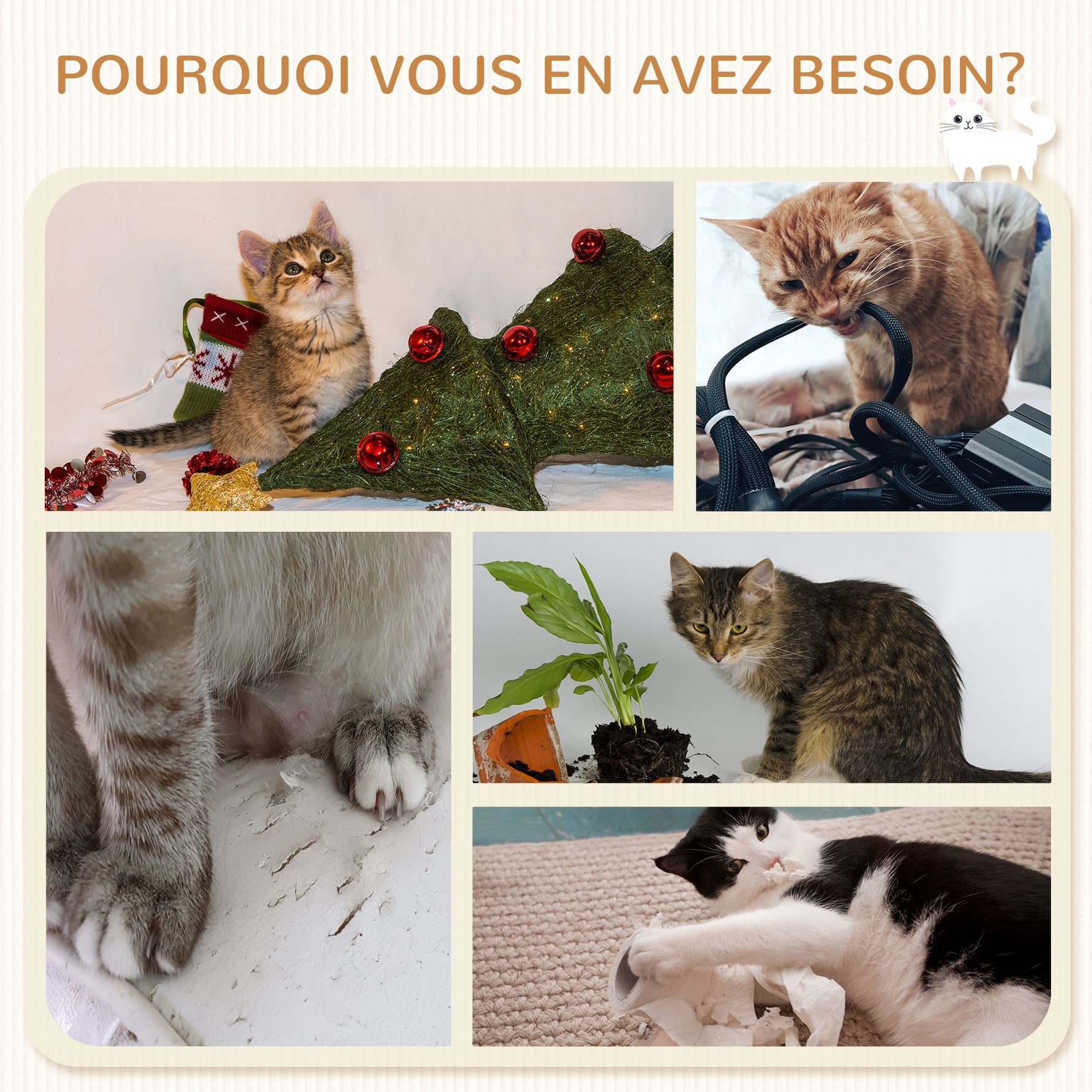 Arbre à chat parcours mural complet 4 pièces hamac, pompon, plateformes de saut, poteau en sisal et échelle peluche gris