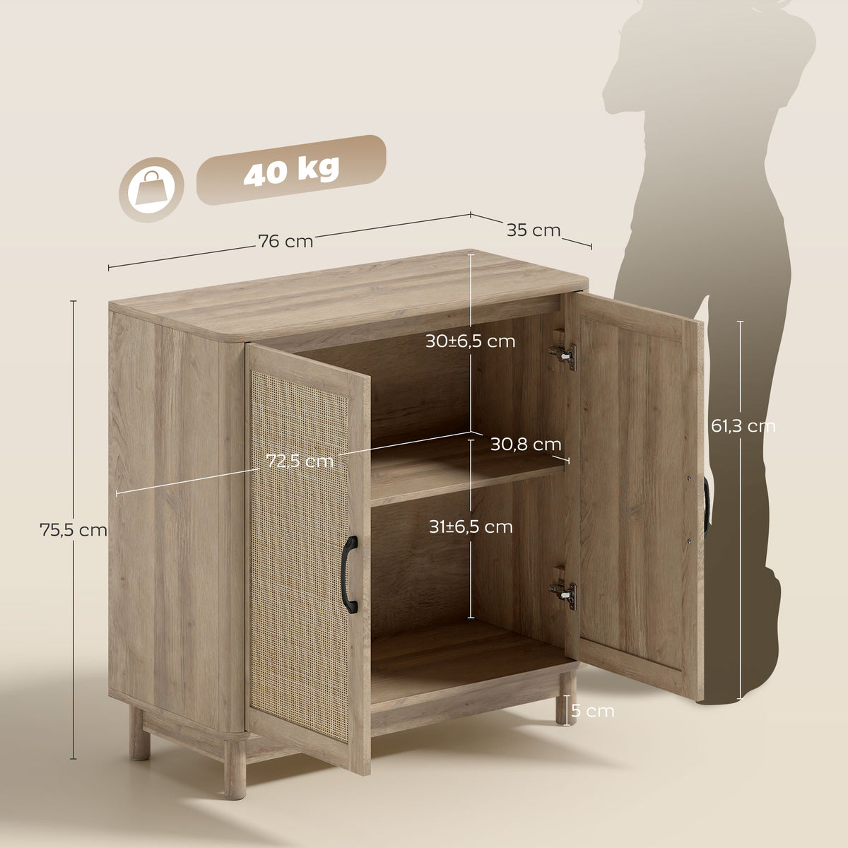 Buffet salon, meuble de rangement avec 2 portes en rotin, étagère réglable et bords arrondis, 76 x 35 x 75,5 cm, chêne