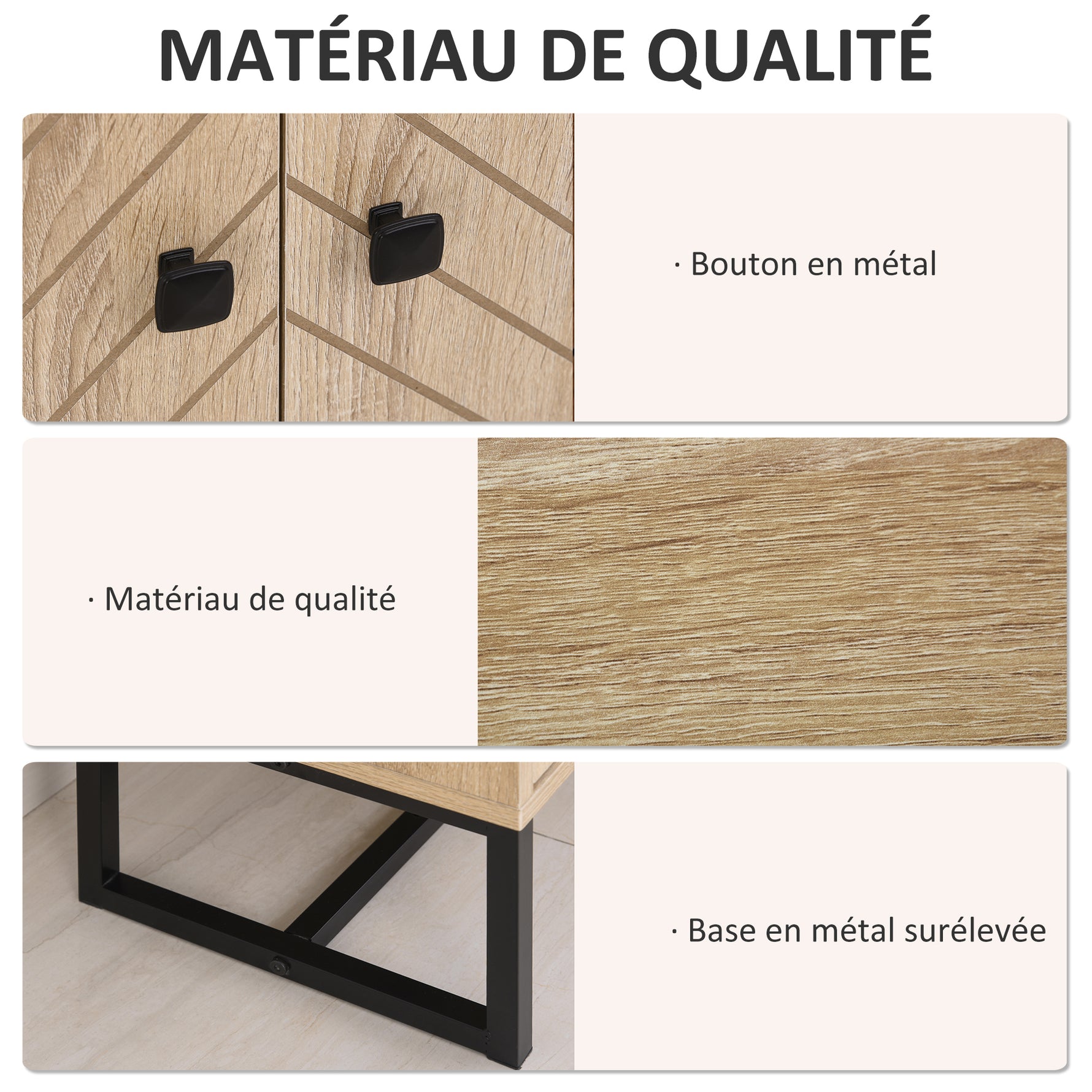 Buffet salon meuble de rangement armoire de cuisine avec placard portes et étagère réglable, motif Chevron, pied métal, style moderne buffet salle à manger et salon, 108 x 40 x 80 cm, chêne-5