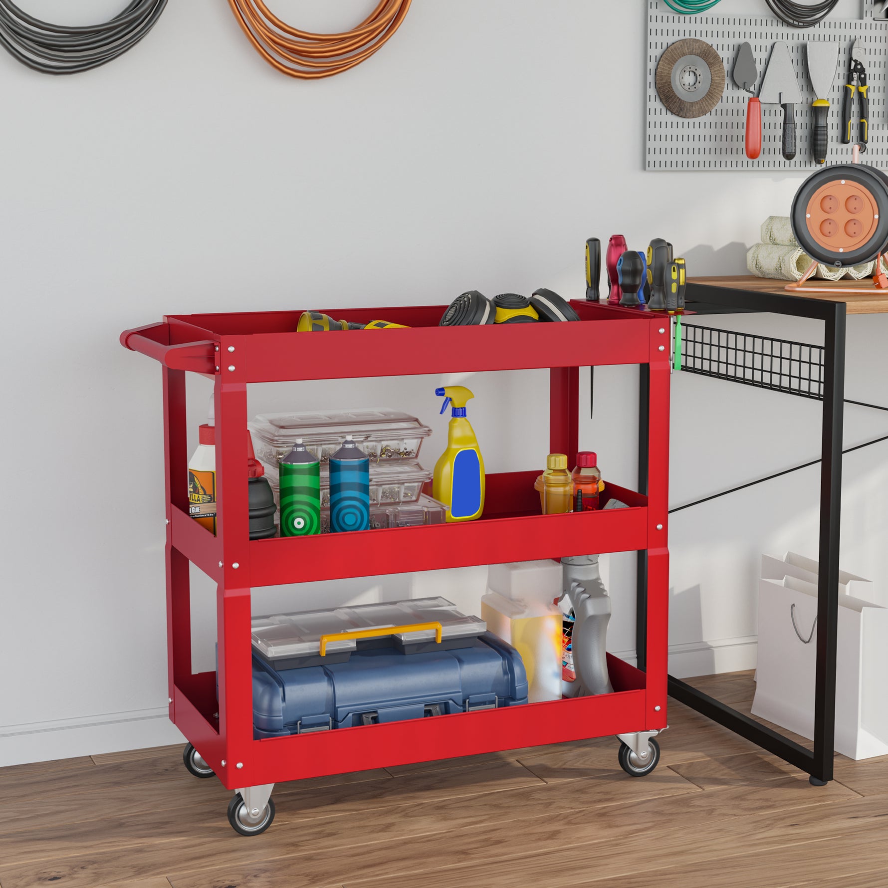 Chariot desserte d'atelier acier 3 plateaux sur roulettes avec poignée charge max. 150 kg 83 x 35,3 x 76 cm acier rouge
