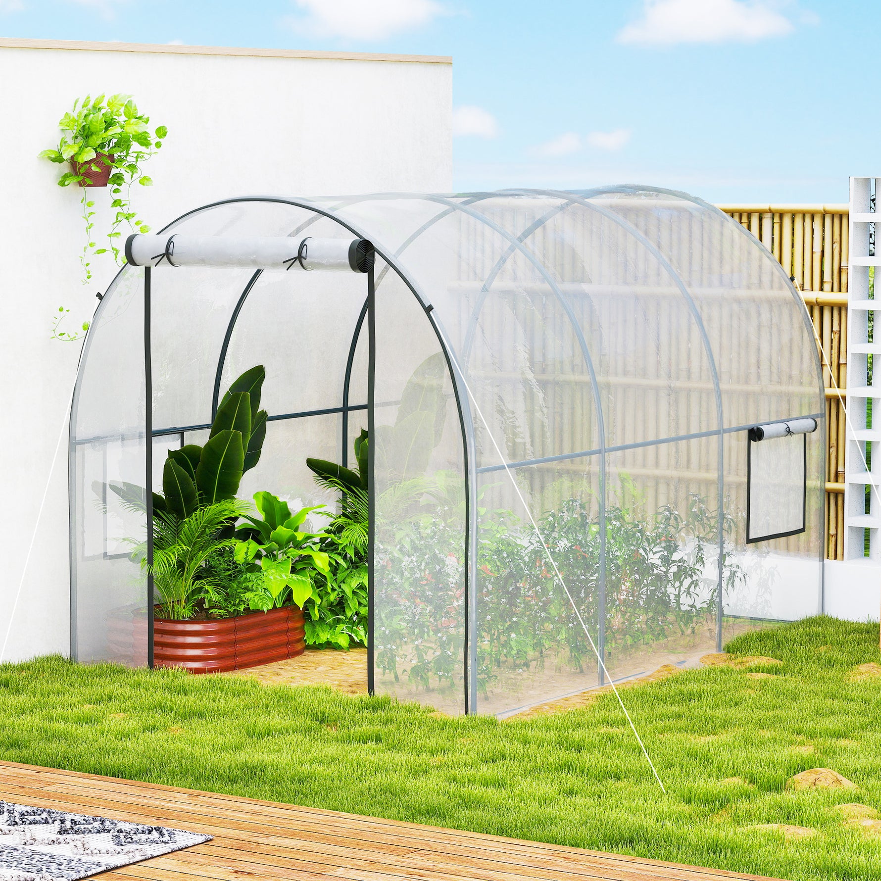 Serre de Jardin Tunnel 6 m² 3L x 2l x 2H m châssis Tubulaire renforcé Porte zippée 2 fenêtres enroulables - transparent
