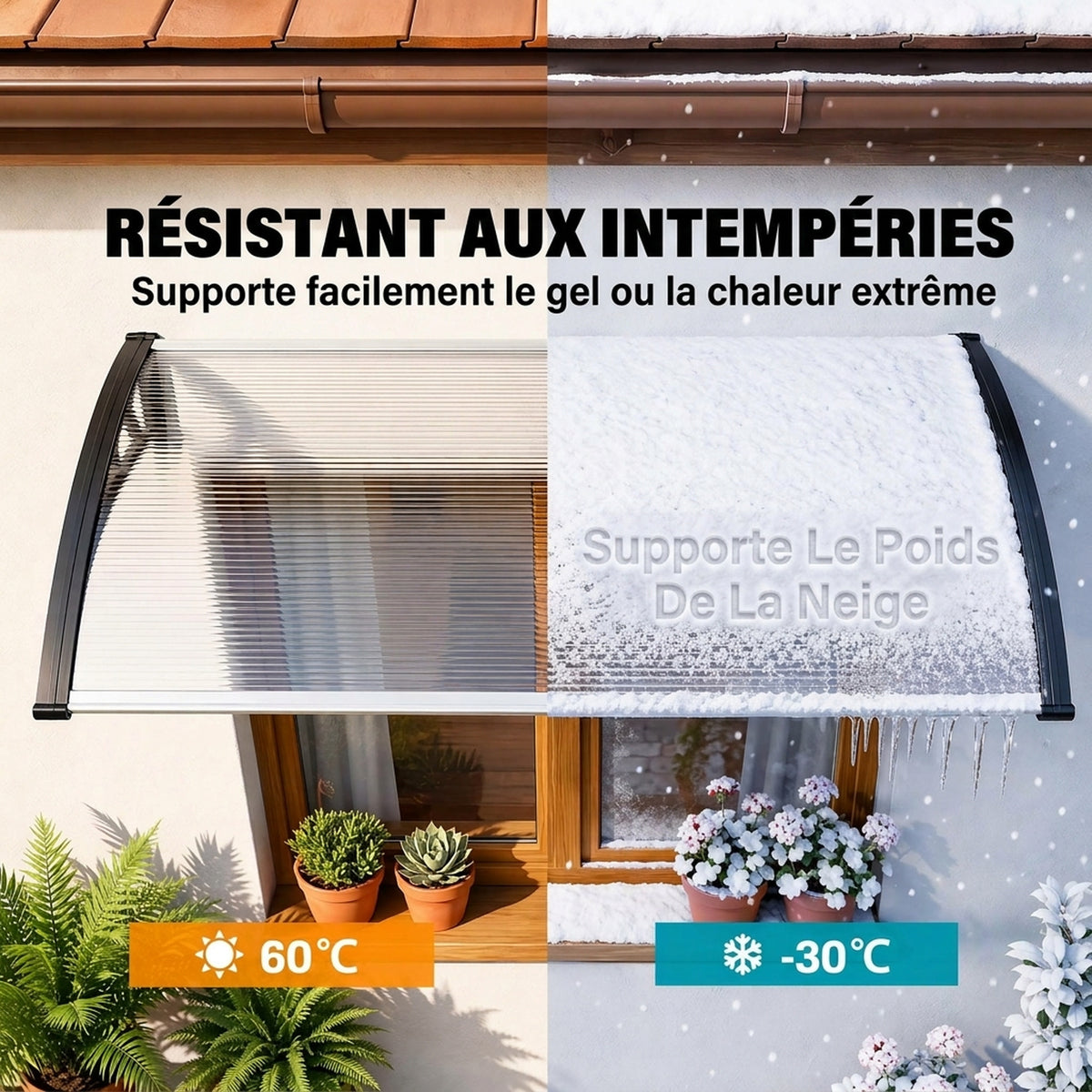 Haustürvordach, Eingangs-Überdachung aus Polycarbonat mit Aluminiumprofilen, 110x60cm, Transparent