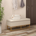 Banc banquette coffre de rangement 2 en 1 assise capitonnée et pieds acier 110 x 44 x 48 cm beige et doré