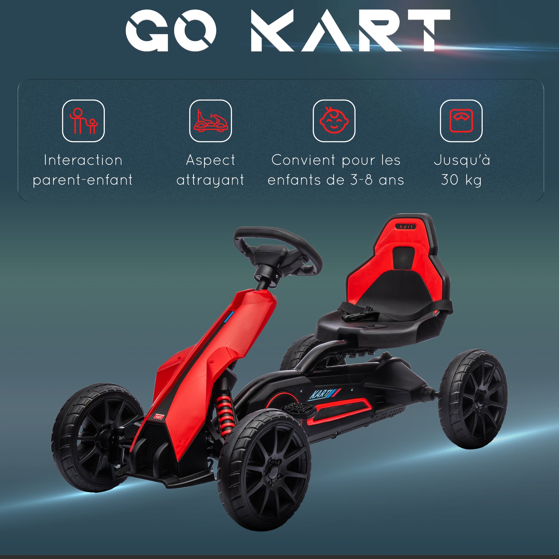 Kart à pédales pour enfants avec siège ajustable 4 positions et roues en EVA 100 x 58 x 58,5 cm rouge et noir