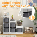 Children's toy storage unit with 6 removable bins, 3 storage levels, 96 x 38.5 x 90, grey