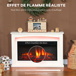 Cheminée électrique 1000W/2000W, fausse cheminée décorative, effet flamme à 5 luminosités réglables, 121x25x77cm, blanc