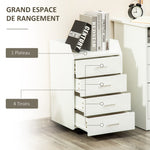 Caisson de bureau rangement sur roulettes 4 tiroirs coulissants MDF et panneaux de particules dim. 40L x 36l x 65H cm blanc