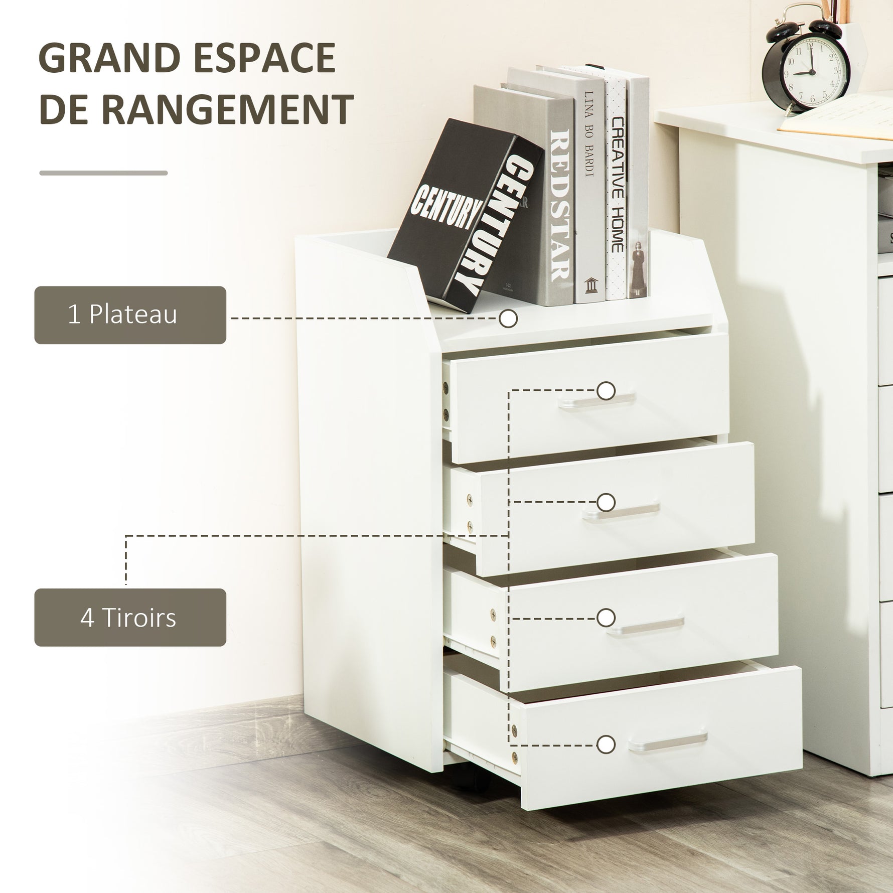 Caisson de bureau rangement sur roulettes 4 tiroirs coulissants MDF et panneaux de particules dim. 40L x 36l x 65H cm blanc