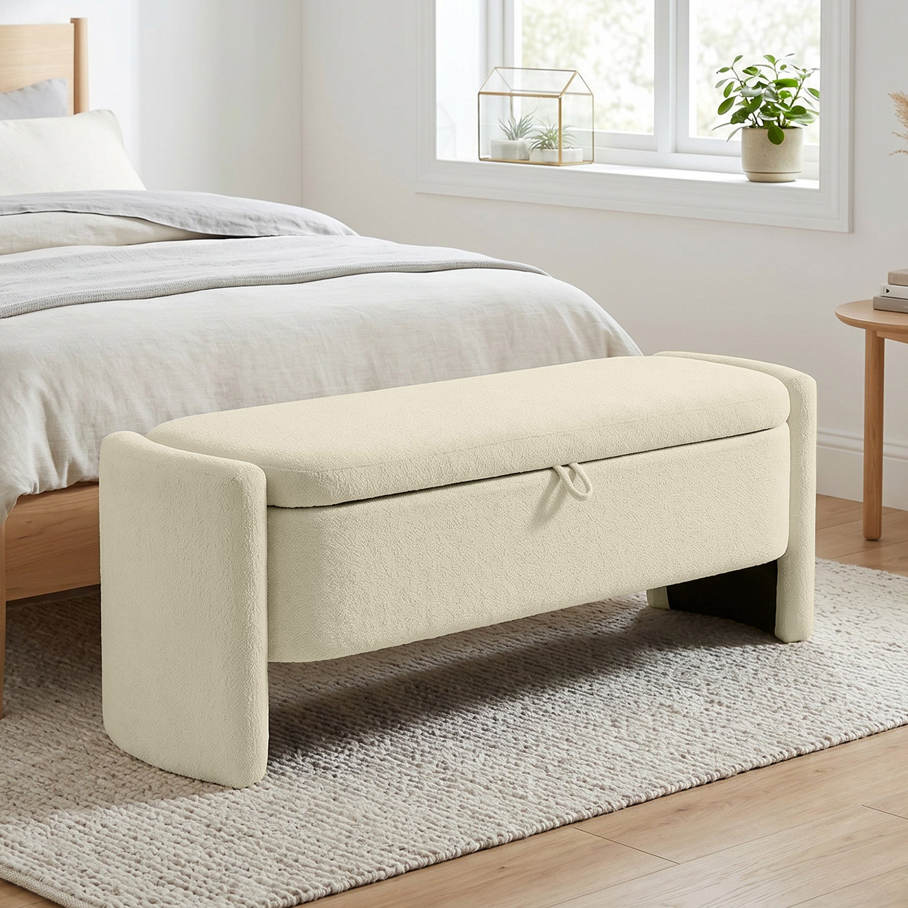 Banc Bout de Lit Banquette, 118x42x45cm, Banc de Rangement Rembourré en Tissu Bouclé, Pieds en Bois d'Eucalyptus, Crème