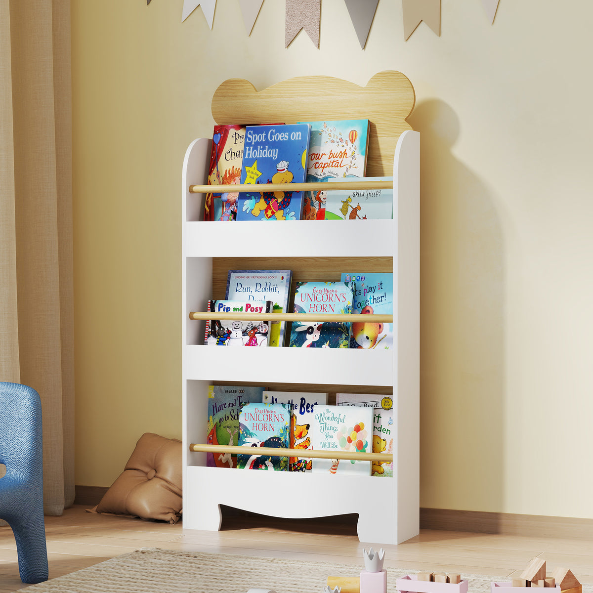 Bibliothèque pour enfant, rangement livre enfant 3 niveaux pour salle de jeux, chambre d'enfant, bois naturel