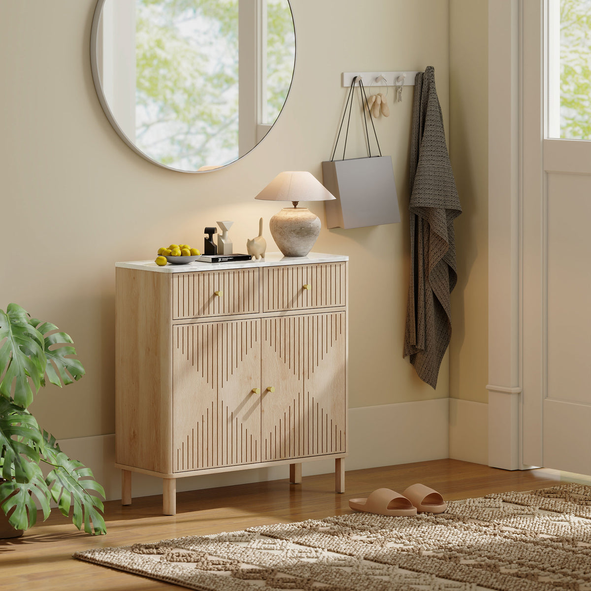 Buffet, meuble de rangement cannelé avec plateau effet marbre, 2 tiroirs, 2 portes, étagère réglable, 77x30x80cm, chêne
