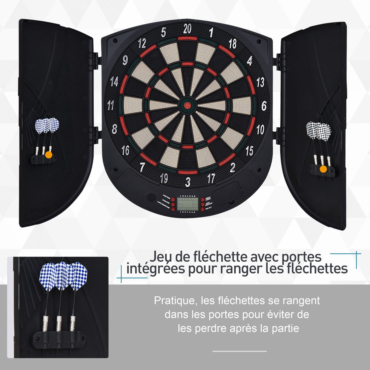 Cible jeu de fléchettes électronique refermable 26 jeux jusqu'à 8 joueurs affichage LCD haut-parleur noir