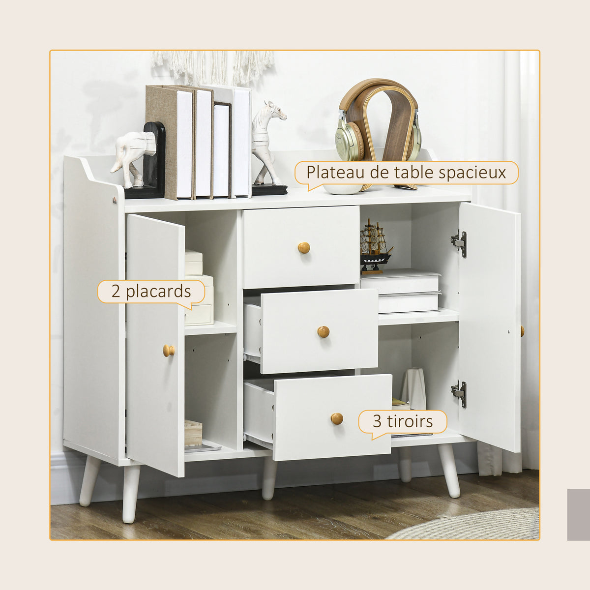Buffet, meuble de rangement avec 2 portes, 3 tiroirs et pieds en bois massif, style moderne, 90 x 32 x 80 cm, blanc