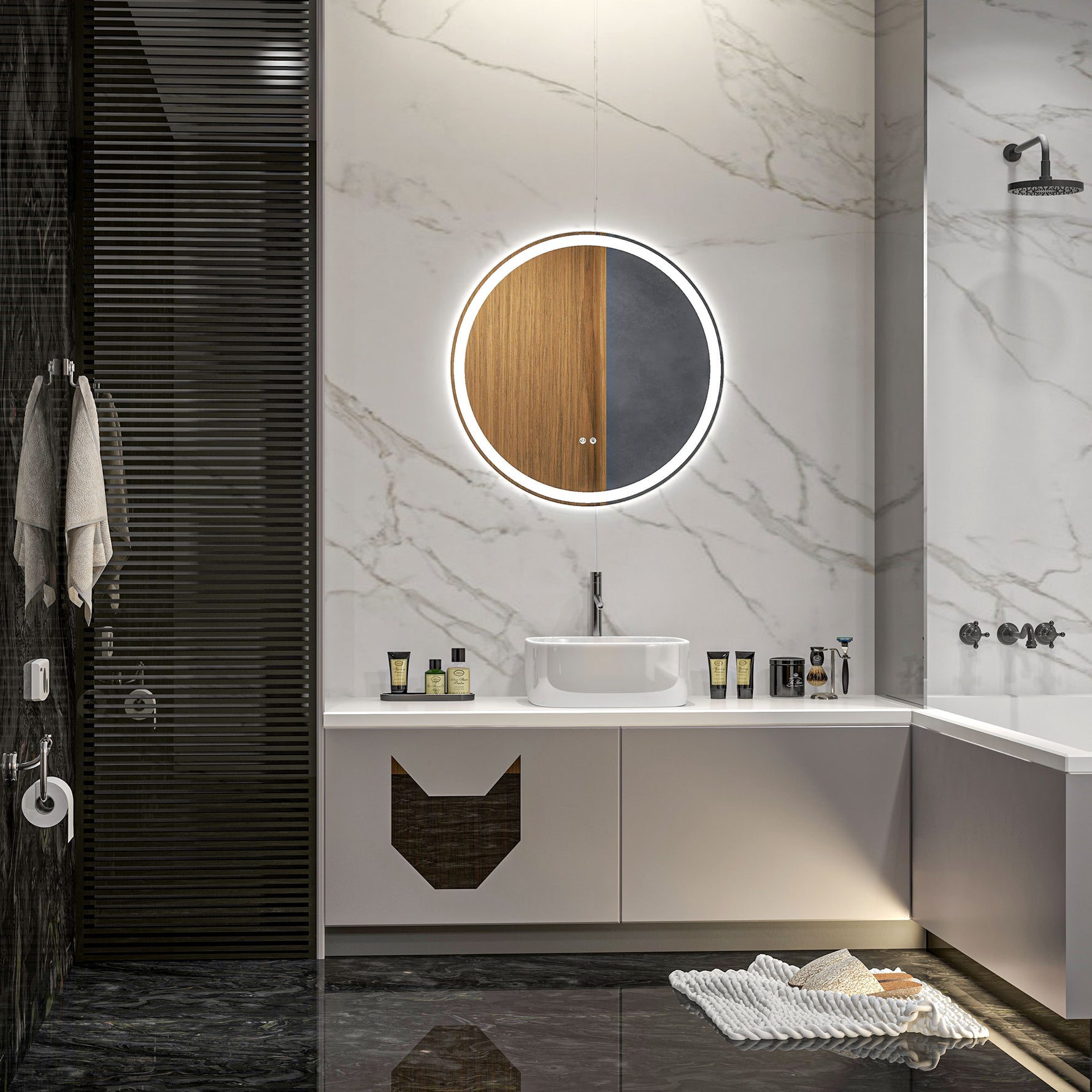 Miroir rond lumineux LED de salle de bain Ø 60 cm mural avec éclairage 3 couleurs interrupteur tactile 29W blanc argent