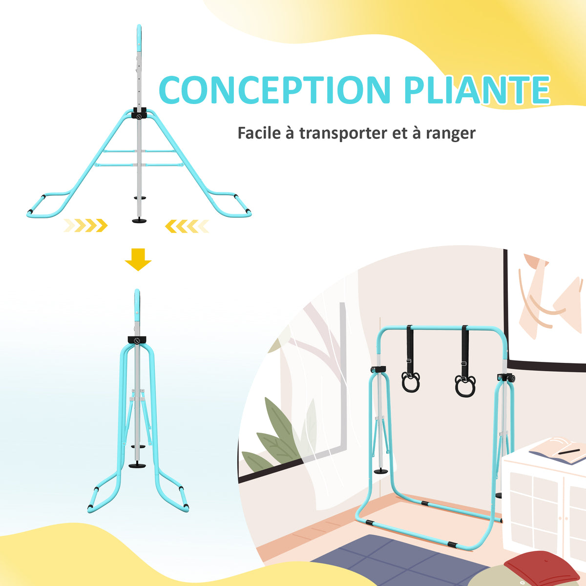 Barre de gymnastique pour enfants, barre horizontale pliable à hauteur réglable avec anneaux de gymnastique, cyan