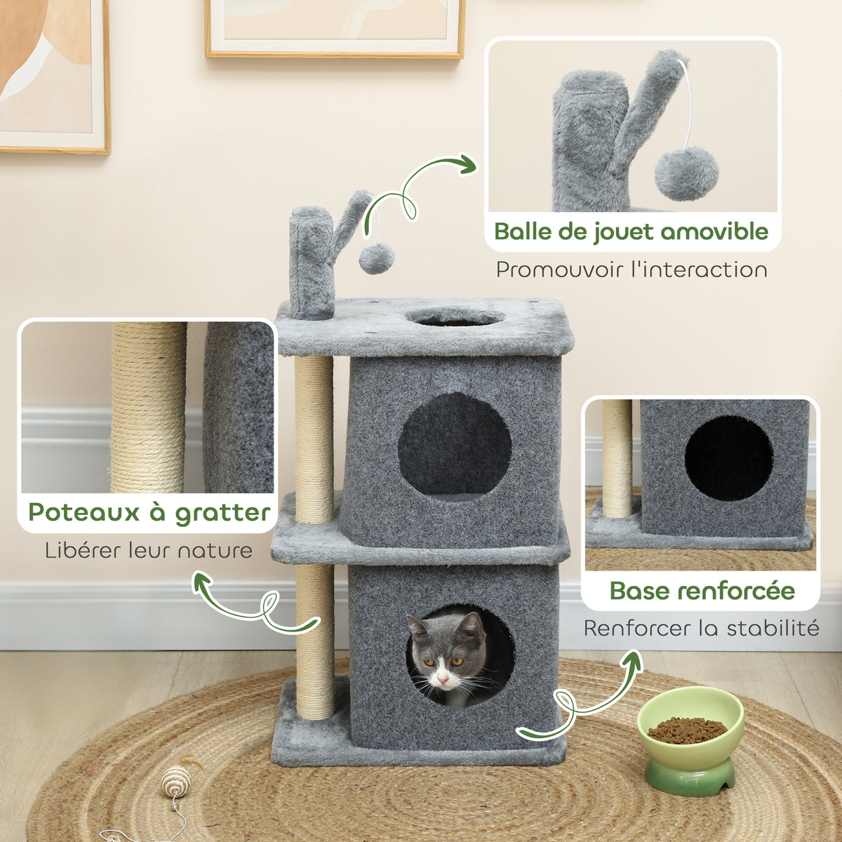 Arbre à chat à 3 niveaux tour pour chat 2 niches et surface de repos confortable, balle 43 x 33 x 80 cm gris foncé-5