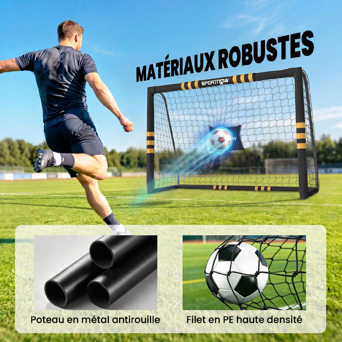 Futbol-atea babes-aparrarekin, lurreko 6 piketarekin eta PE sarearekin, 240x85x160cm, horia