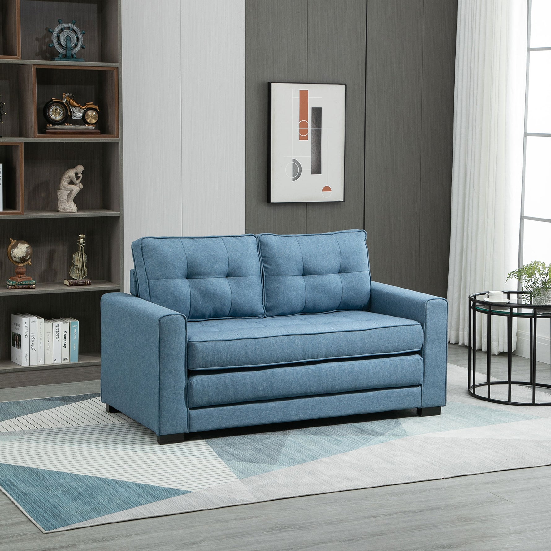Canapé droit convertible 2 places - dossier capitonné - 147,5 x 75 x 85 cm - bleu