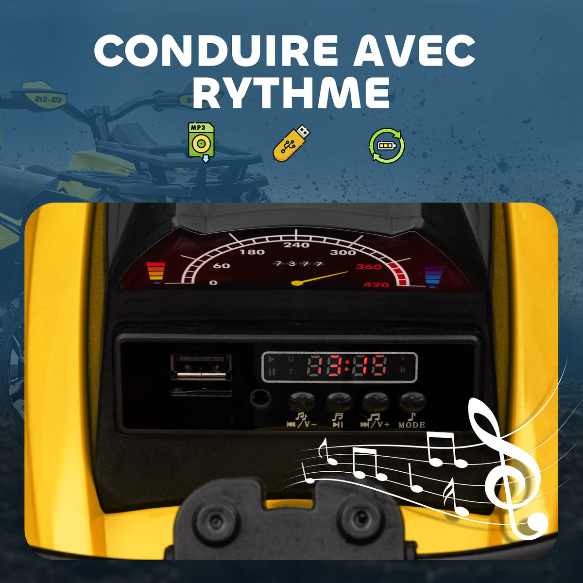 Quad Buggy électrique Enfant 12 V 8 Km/h Max. Voiture électrique Enfant avec Effets Lumineux sonores Selle avec Dossier Porte-Bagage Avant métal PP Jaune Noir