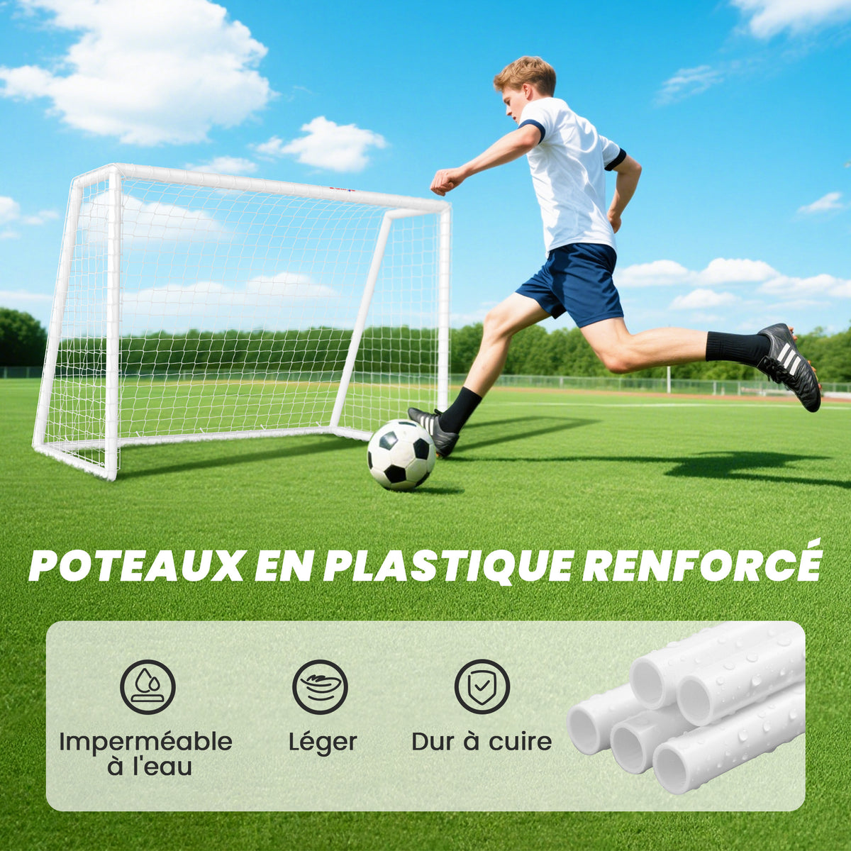But de football cage de foot but d'entrainement en PVC - piquets inclus - dim. 180L x 92l x 124H cm blanc